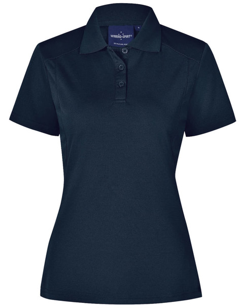 A navy blue ladies' polo shirt with a collar, short sleeves, and a button-up front. It features a logo on the chest.