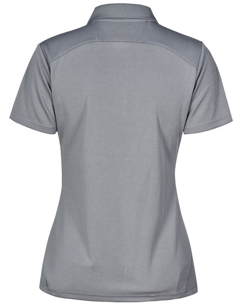 A grey polo shirt with a fitted design and a collar, featuring a logo on the back.