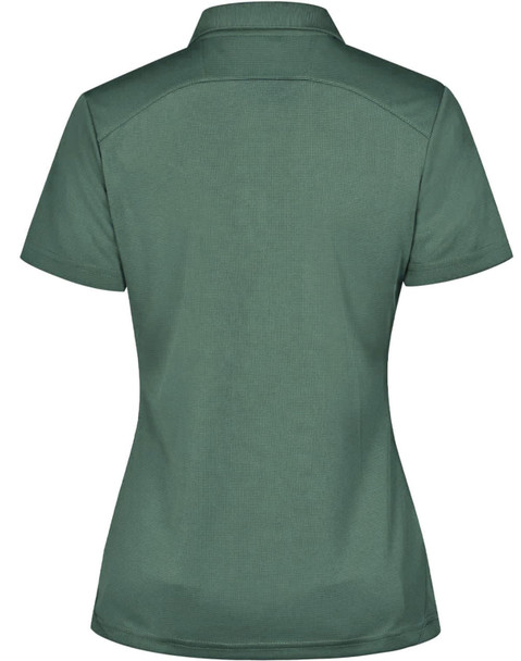 A women's polo shirt in dark green with a classic collar and a fitted silhouette, featuring a logo.
