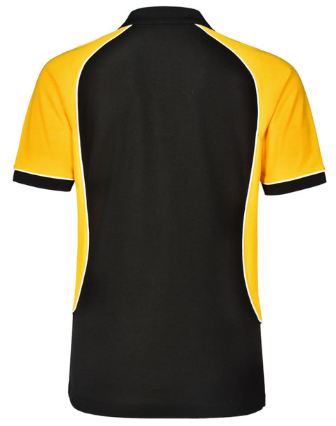 A polo shirt featuring a tri-colour design in black, yellow, and white, with a logo on the back.