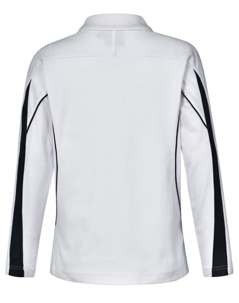 A long sleeve polo shirt in white with black accents and a logo. Back view showing mesh detail.