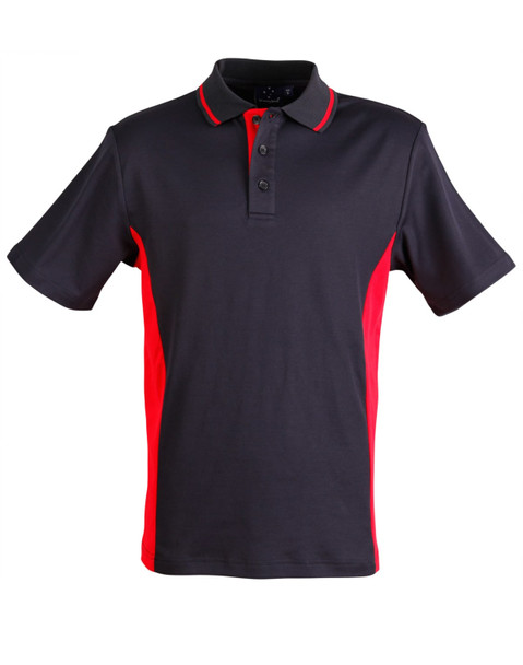 A black and red polo shirt featuring a collar, short sleeves, and a logo.