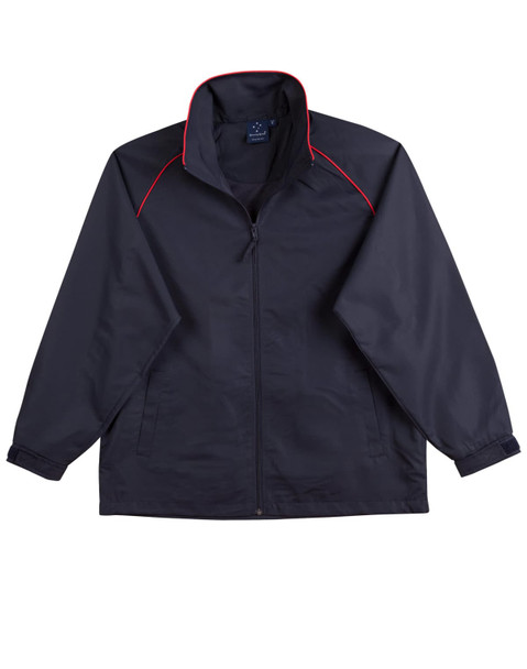 A dark navy track jacket with red accents and a zip closure. It has a high collar and elastic cuffs.