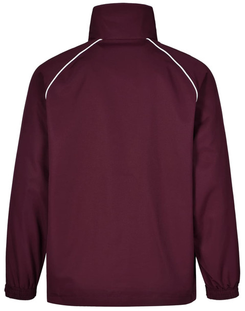 A maroon kids' track top jacket with white piping, featuring a high collar and elasticated cuffs.