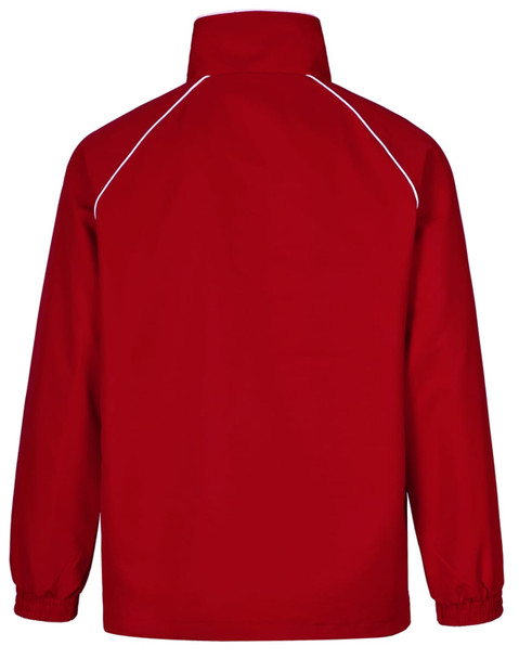 A red kids' track top featuring a high collar and white detailing on the shoulders. It has a simple design without visible logos.