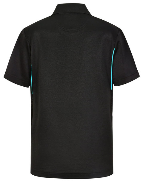 A black short-sleeved polo shirt with contrasting turquoise details and a logo. Suitable for kids.