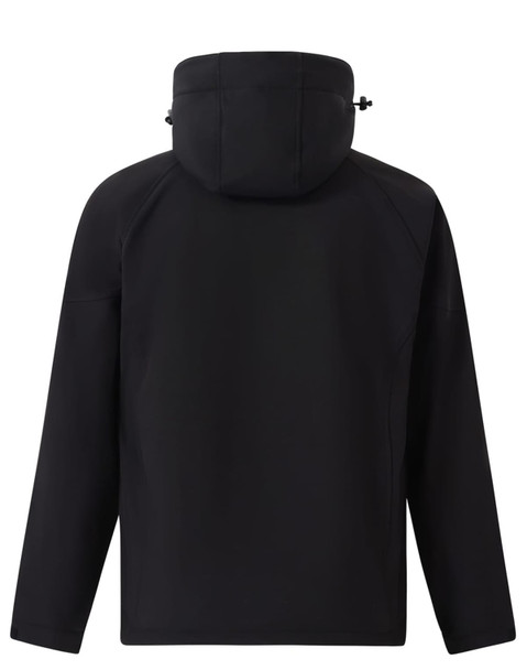 A black softshell full zip hoodie for kids, featuring a hood and a simple design with a logo.