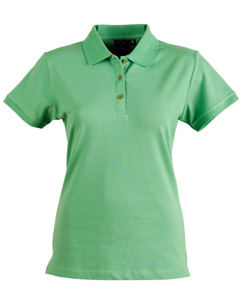 A green ladies' polo shirt featuring a collar and three buttons, with a logo on the chest.
