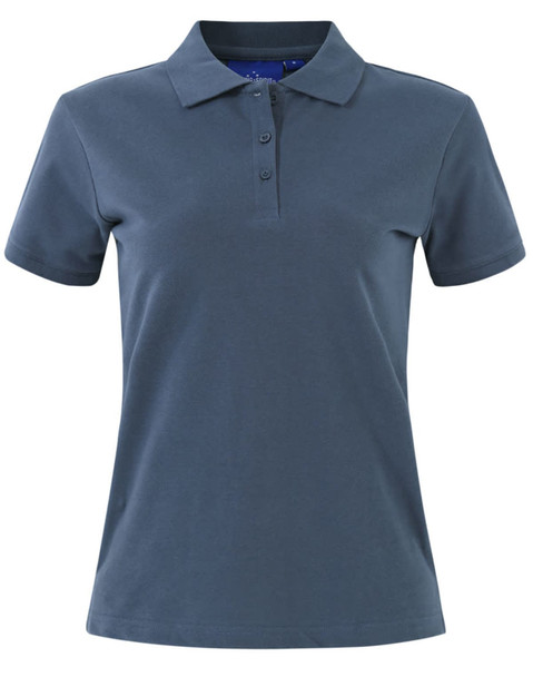 A ladies cotton stretch polo in a navy blue colour, featuring a collar and three-button placket. It has a logo.