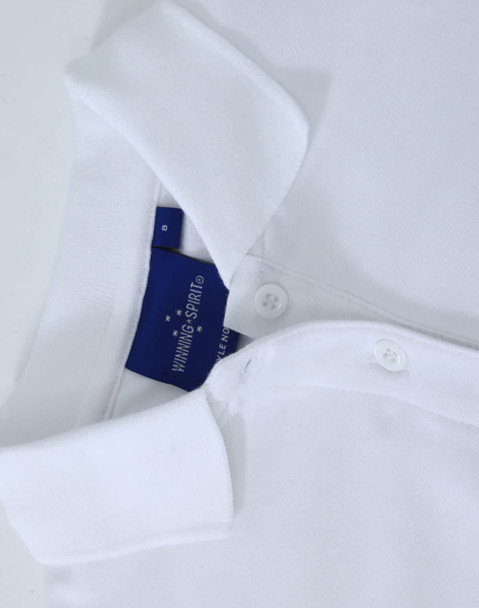 A white ladies cotton stretch polo shirt featuring a collar and button placket, with a brand label inside.