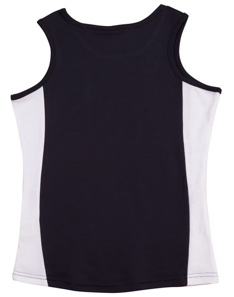 A sleeveless singlet with a navy body and white side panels, featuring a logo on the front.