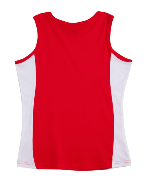 A red and white ladies singlet featuring a contrast design. The back view showcases the colour scheme and fit.