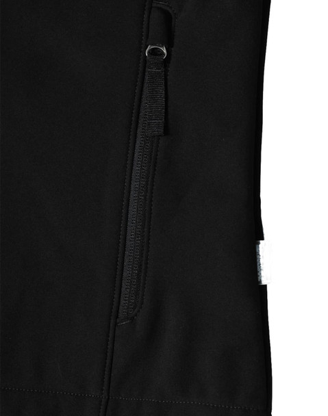 A black softshell hi-tech jacket featuring a zippered pocket and a logo.