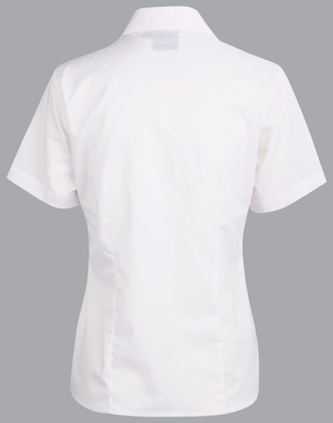 A white short sleeve button-up shirt with a fitted design and a collar, featuring a logo.