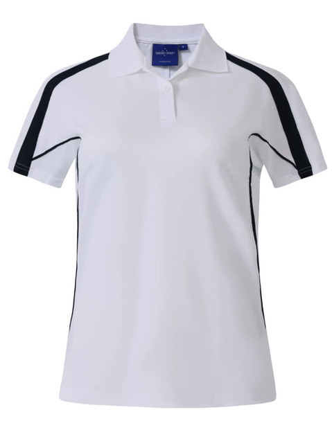 A white polo shirt with black accents and a collar, featuring a logo on the front.