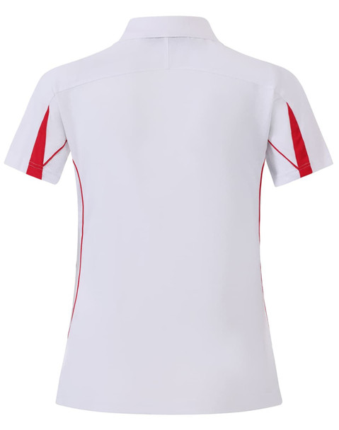 A white polo shirt with red accents and a logo, featuring a short sleeve and a classic collar design.