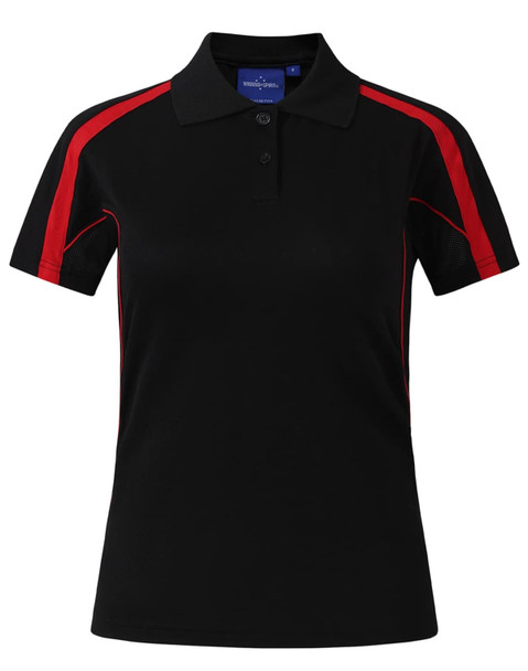 A short sleeve polo shirt in dark brown with red accents and a logo on the chest.