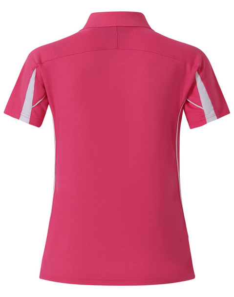 A pink short sleeve polo shirt with contrasting white accents and a logo on the back.