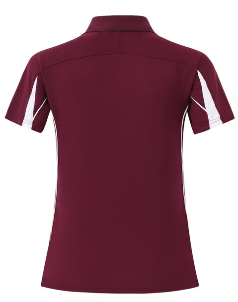 A maroon short sleeve polo shirt with white accents and a logo on the chest.