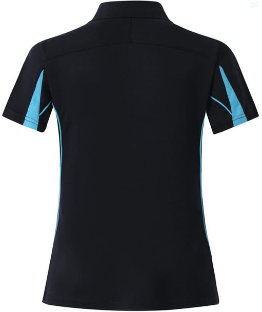 A black polo shirt with short sleeves featuring turquoise accents and a logo on the back.