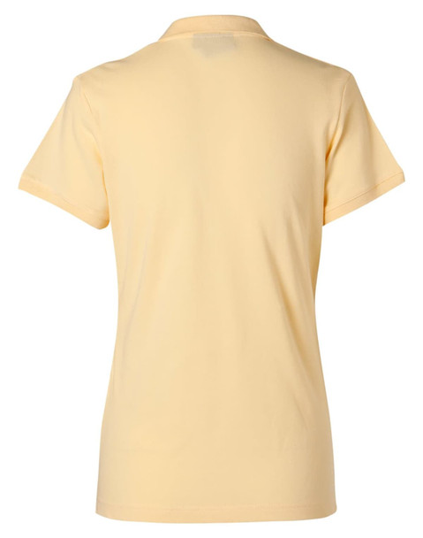 A yellow ladies' polo shirt with a simple design and short sleeves, featuring a logo on the back.