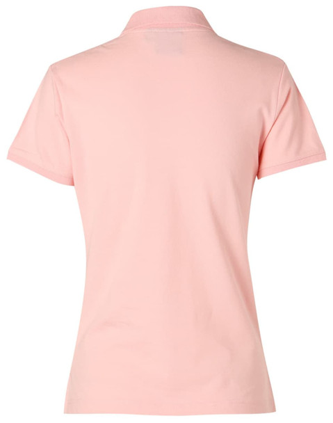 A pink ladies' polo shirt featuring a classic design with a collar and short sleeves, and includes a logo.