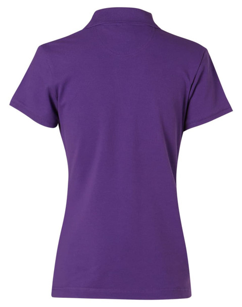 A purple ladies' polo shirt featuring a classic short sleeve design and a collar, with a logo on the back.