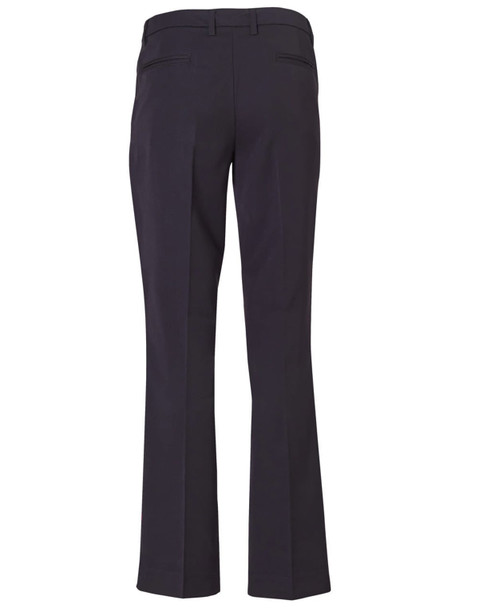 A pair of black ladies' slacks with a flared leg and back pockets. The pants feature a polished finish.