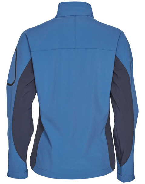 A blue and navy ladies' softshell jacket with a high collar and contrasting panels. It features a logo on the sleeve.