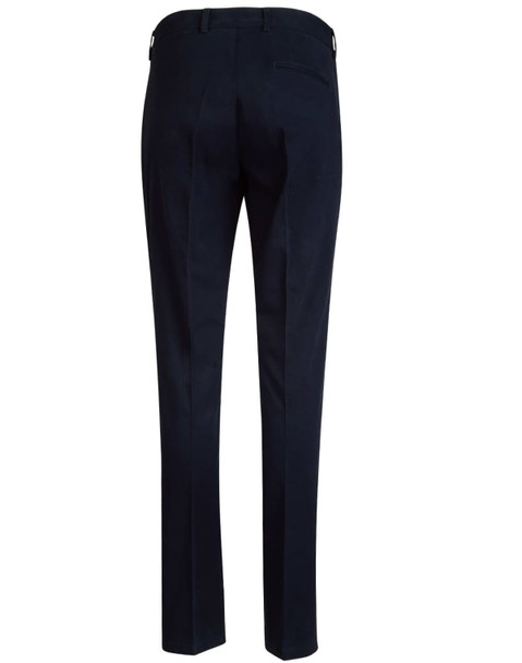 Navy ladies' chino pants viewed from the back, featuring a fitted design and a rear pocket. Includes a logo.