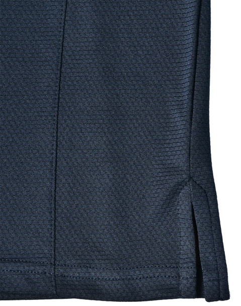 A dark navy blue polo shirt made from bamboo charcoal material, featuring a side split detail and a logo.