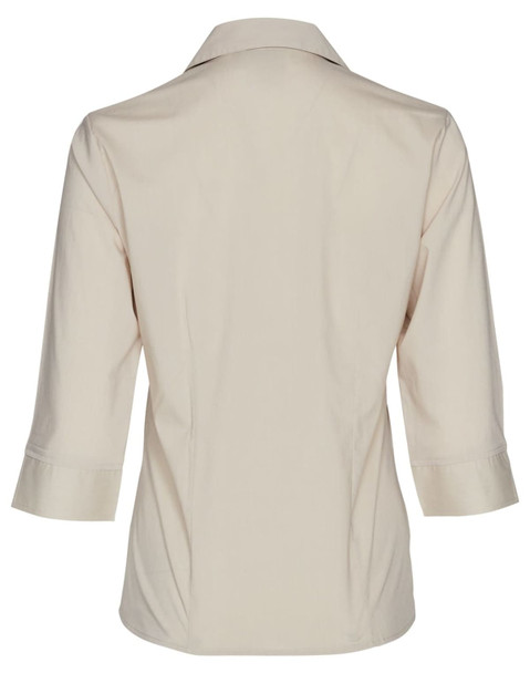 A beige women's button-up shirt with three-quarter sleeves, featuring a back view and a logo at the collar.