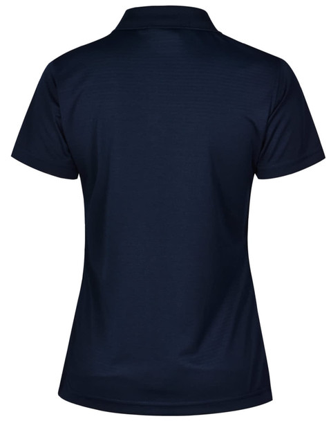 A navy textured polo shirt with a classic collar and short sleeves. It features a logo on the front.