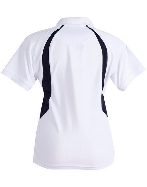A white polo shirt with black side panels and a collar, featuring a logo on the back.