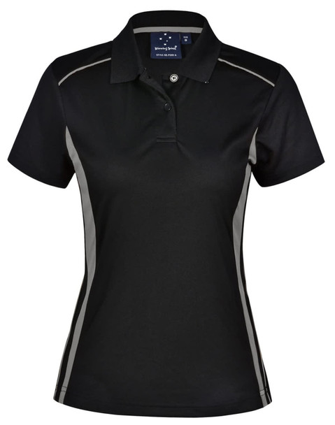A black ladies' polo shirt with contrast detailing and a collar, featuring a logo on the chest.
