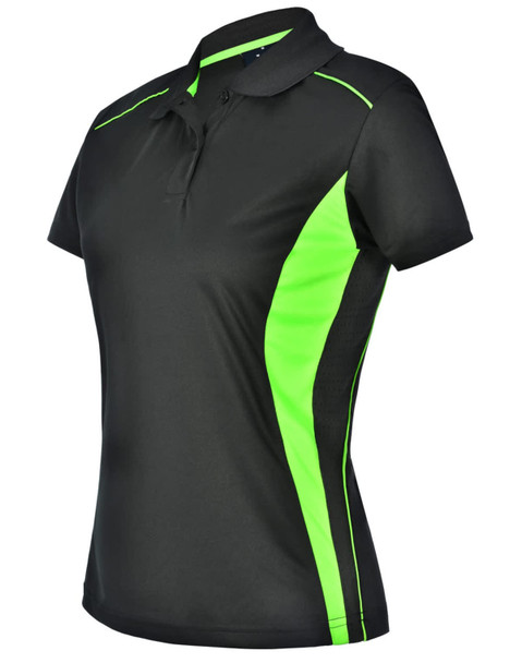 A black polo shirt with vibrant green contrast panels and a collar. The shirt features a logo on the front.
