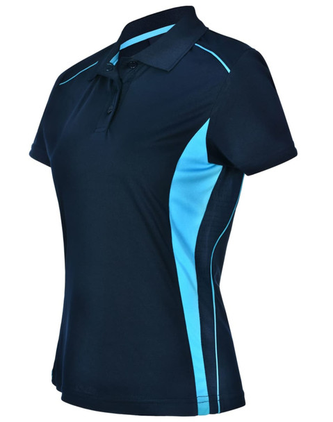 A navy blue polo shirt with light blue contrast panels and a collar. Features a logo on the shirt.