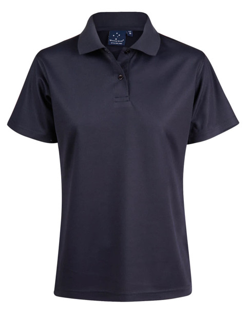 A navy blue ladies' polo shirt with a classic collar and short sleeves. It features a logo on the label.