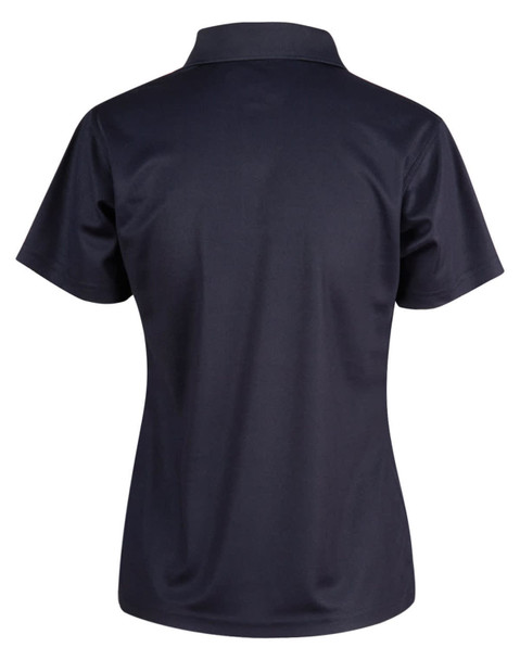 A navy blue ladies' short-sleeve polo shirt featuring a smooth fabric finish and a collar. Includes a logo.