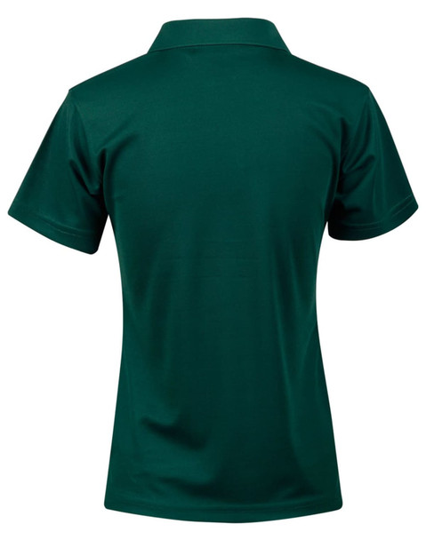 A short-sleeve polo shirt in green, featuring a classic collar and smooth texture, with a logo on the back.