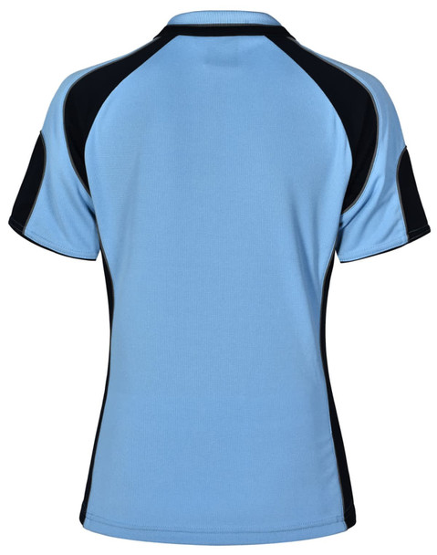 A light blue ladies' polo shirt with black accents and a branding logo on the back.