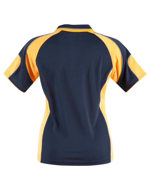 A women's polo shirt featuring navy blue and yellow panels, displaying a sporty design and a logo on the back.