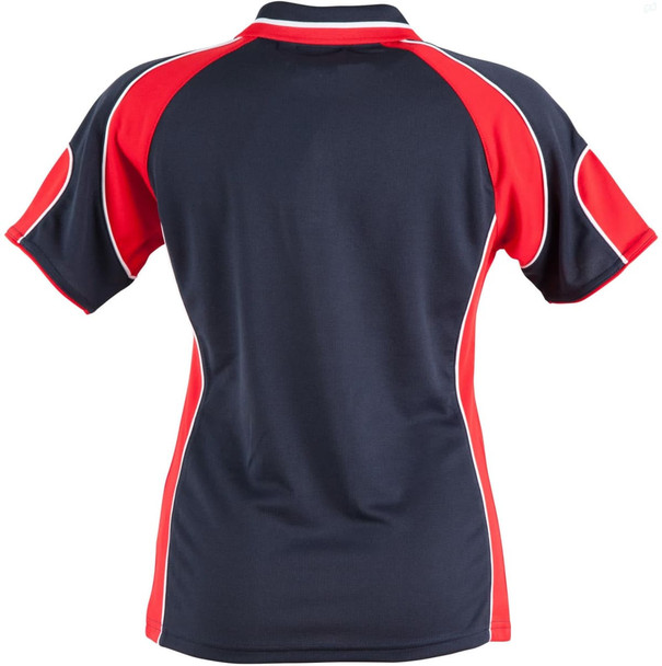 A ladies' polo shirt featuring a navy body with red and white accent panels and a logo.