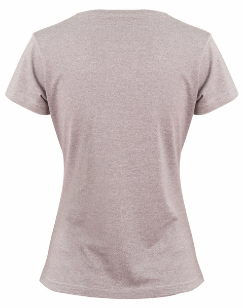 A grey heather women's short-sleeve T-shirt featuring a fitted design and a logo on the back.