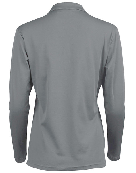 A long sleeve polo shirt in grey, featuring a collar and a logo on the back.