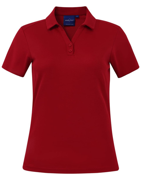 A red women's short sleeve polo shirt with a collar, featuring buttons and a logo.