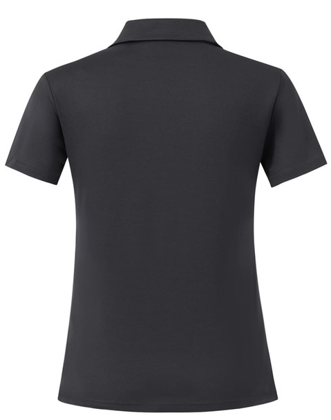 A grey women's polo shirt with a classic short sleeve design, featuring a back view and a logo.