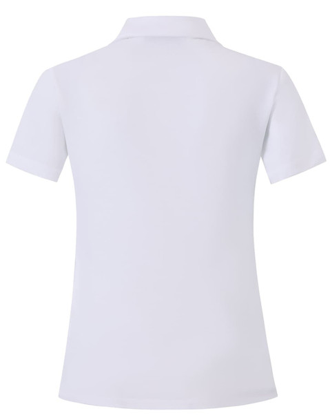 A white short sleeve polo shirt featuring a smooth fabric and a collar, with a branding logo on the back.