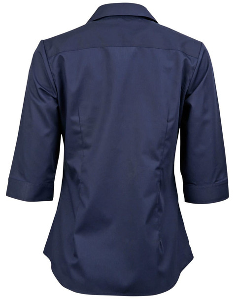 A navy blue 3/4 sleeve button-up shirt with a dobby stripe pattern and a logo.