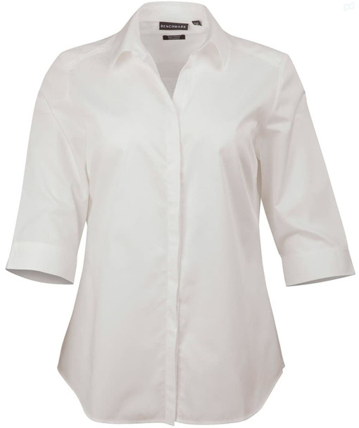 A white button-up shirt with a collar and 3/4 sleeves, featuring a subtle texture and logo.